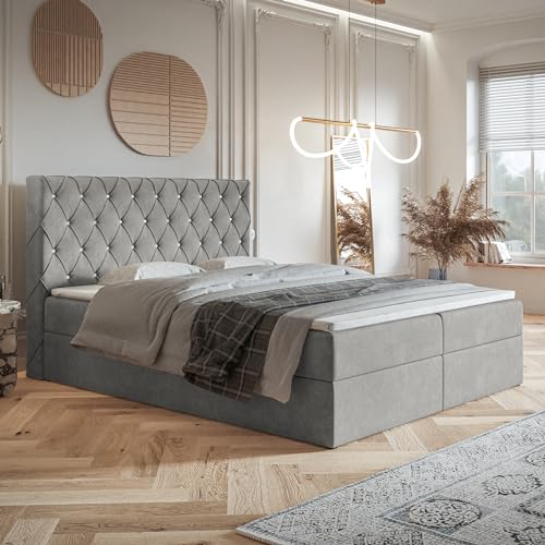 MOTIVENA Malta Boxspringbett 140x200 mit Bettkasten und Topper, Polsterbett 140x200 mit Bettkasten, Taschenfederkern-Matratze (H3), T28 Schaumstoff Topper (H3), mit Strass, Samt, Grau (Hellgrau) von MOTIVENA