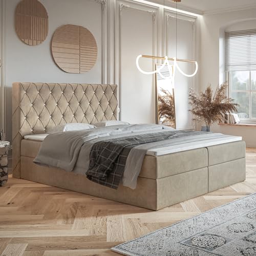 MOTIVENA Malta Boxspringbett 160x200 mit Bettkasten und Topper, Polsterbett 160x200 mit Bettkasten, Taschenfederkern-Matratze (H3), Visco Topper (H2), mit Strass, Samt, Beige von MOTIVENA