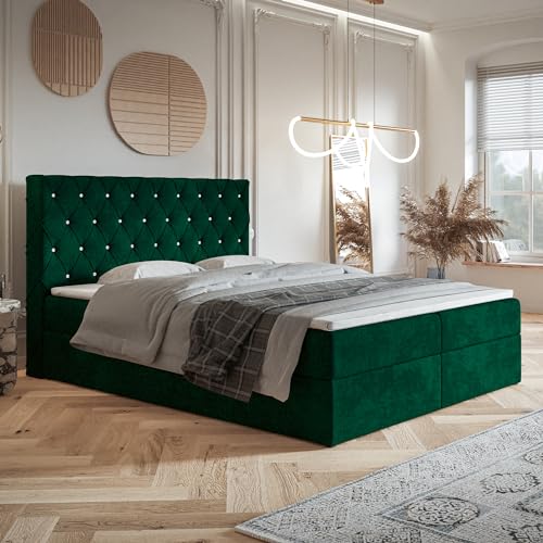 MOTIVENA Malta Boxspringbett 180x200 mit Bettkasten und Topper, Polsterbett 180x200 mit Bettkasten, Bonell-Matratze (H4), T28 Schaumstoff Topper (H3), mit Strass, Samt, Dunkelgrün von MOTIVENA