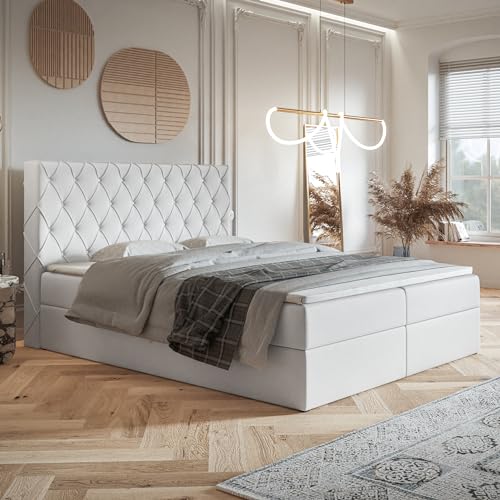 MOTIVENA Malta Boxspringbett 180x200 mit Bettkasten und Topper, Polsterbett 180x200 mit Bettkasten, Bonell-Matratze (H4), Visco Topper (H2), mit Strass, Kunstleder, Weiß (Weiss) von MOTIVENA