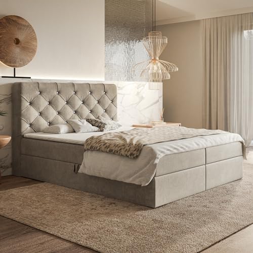 MOTIVENA Margo Boxspringbett 140x200 mit Bettkasten und Topper, Polsterbett 140x200 mit Bettkasten, Bonell-Matratze (H4), T28 Schaumstoff Topper (H3), mit Strass, Samt, Beige von MOTIVENA