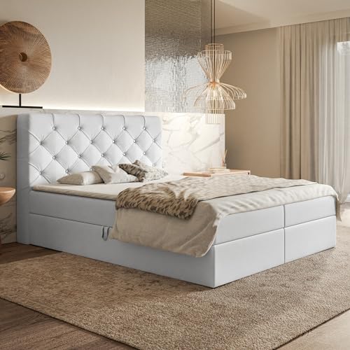 MOTIVENA Margo Boxspringbett 180x200 mit Bettkasten und Topper, Polsterbett 180x200 mit Bettkasten, Bonell-Matratze (H4), T28 Schaumstoff Topper (H3), mit Strass, Kunstleder, Weiß (Weiss) von MOTIVENA