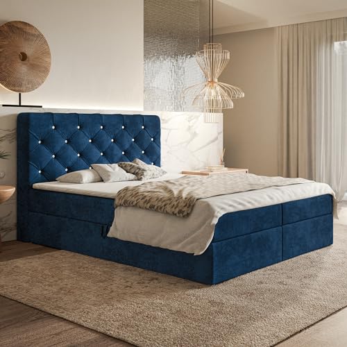 MOTIVENA Margo Boxspringbett 180x200 mit Bettkasten und Topper, Polsterbett 180x200 mit Bettkasten, Bonell-Matratze (H4), T28 Schaumstoff Topper (H3), mit Strass, Samt, Blau (Dunkelblau) von MOTIVENA