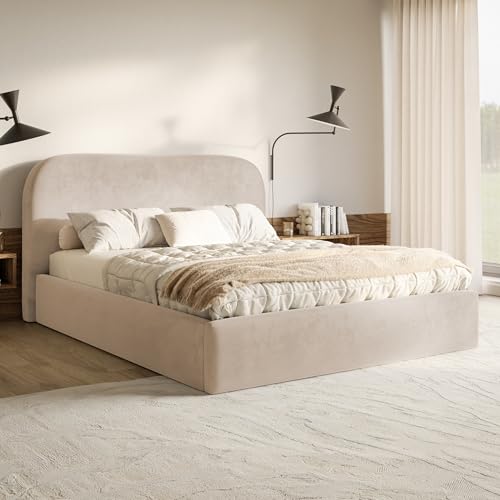 MOTIVENA Mono Bett 160x200, Polsterbett 160x200 Samt, mit Bettkasten, mit Stauraum, mit Lattenrost, mit Kopfteil, ohne Matratze, Beige (Creme) von MOTIVENA