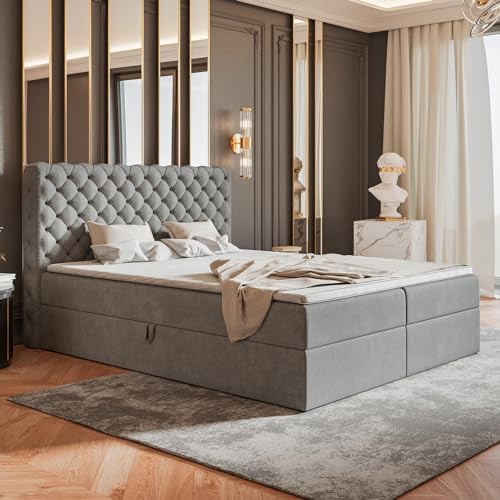 MOTIVENA Nero Chesterfield Boxspringbett 120x200 mit Bettkasten und Topper, Polsterbett 120x200 mit Bettkasten, Bonell-Matratze (H4), T28 Schaumstoff Topper (H3), Chester, Samt, Grau von MOTIVENA