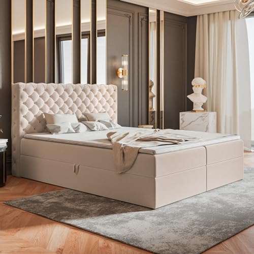 MOTIVENA Nero Chesterfield Boxspringbett 140x200 mit Bettkasten und Topper, Polsterbett 140x200 mit Bettkasten, Bonell-Matratze (H4), T28 Schaumstoff Topper (H3), Chester, Samt, Beige Creme von MOTIVENA