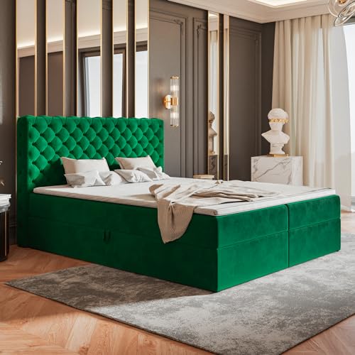 MOTIVENA Nero Chesterfield Boxspringbett 140x200 mit Bettkasten und Topper, Polsterbett 140x200 mit Bettkasten, Taschenfederkern-Matratze (H3), T28 Schaumstoff Topper (H3), Chester, Samt, Grün von MOTIVENA