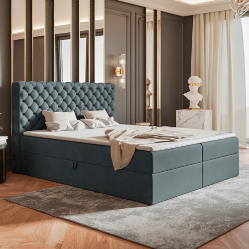 MOTIVENA Nero Chesterfield Boxspringbett 140x200 mit Bettkasten und Topper, Polsterbett 140x200 mit Bettkasten, Taschenfederkern-Matratze (H3), Visco Topper (H2), Chester, Samt, Dunkelgrau von MOTIVENA