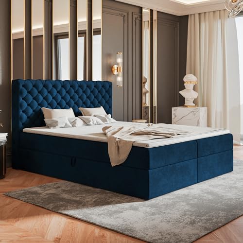 MOTIVENA Nero Chesterfield Boxspringbett 180x200 mit Bettkasten und Topper, Polsterbett 180x200 mit Bettkasten, Bonell-Matratze (H4), T28 Schaumstoff Topper (H3), Chester, Samt, Blau von MOTIVENA