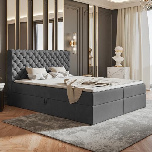 MOTIVENA Nero Chesterfield Boxspringbett 180x200 mit Bettkasten und Topper, Polsterbett 180x200 mit Bettkasten, Taschenfederkern-Matratze (H3), Visco Topper (H2), Samt, Grau (Anthrazit) von MOTIVENA