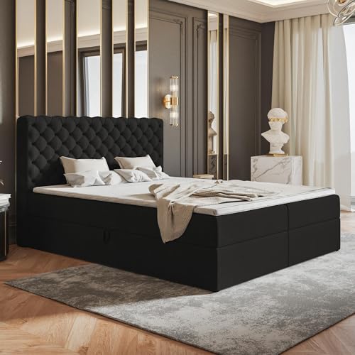 MOTIVENA Nero Chesterfield Boxspringbett 180x200 mit Bettkasten und Topper, Polsterbett 180x200 mit Bettkasten, Taschenfederkern-Matratze (H3), Visco Topper (H2), Samt, Schwarz von MOTIVENA