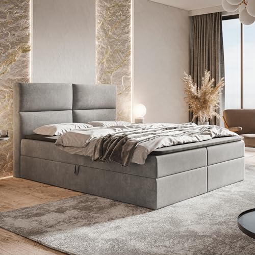 MOTIVENA Nevada Boxspringbett 140x200 mit Bettkasten und Topper, Polsterbett 140x200 mit Bettkasten, Bonellfederkern-Matratze (H4), Visco Memory-Foam Topper (H2), Samt, Grau (Hellgrau) von MOTIVENA