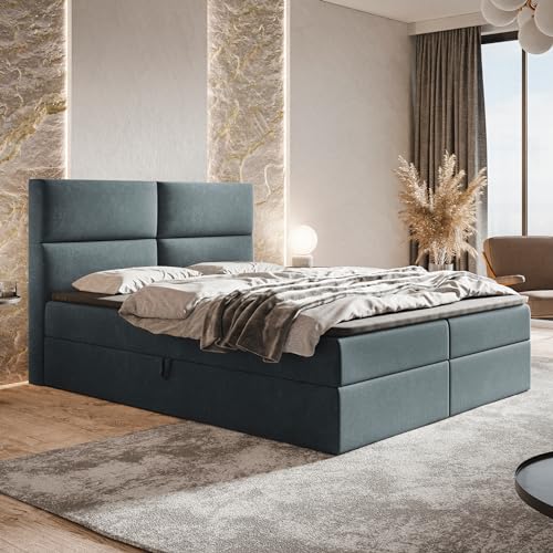 MOTIVENA Nevada Boxspringbett 180x200 mit Bettkasten und Topper, Polsterbett 180x200 mit Bettkasten, Taschenfederkern-Matratze (H3), T28 Komfortschaumstoff Topper (H3), Samt, Grau (Anthrazit) von MOTIVENA