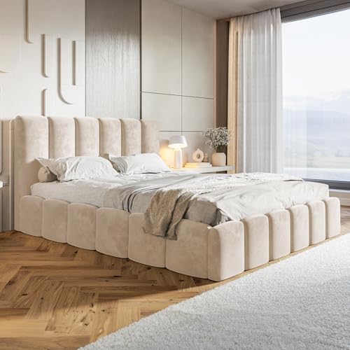 MOTIVEN Nunu Bubble Bett 160x200, Polsterbett mit Bettkasten, Stauraum, Samt, Lattenrost, Kopfteil, ohne Matratze, Beige Creme MOTIVEN Nunu Bubble Bett 160x200, Polsterbett mit Bettkasten, Stauraum, Samt, Lattenrost, Kopfteil, ohne Matratze, Beige Creme von MOTIVENA