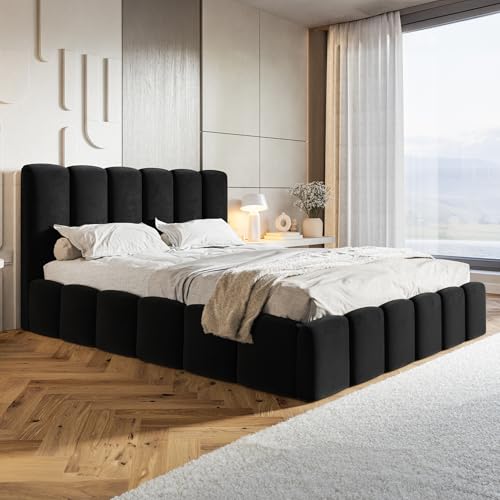 MOTIVENA Nunu Bubble Bett 200x200, Polsterbett 200x200 mit Bettkasten, Polsterbett 200x200 mit Stauraum, Polsterbett 200x200 Samt, mit Lattenrost, mit Kopfteil, ohne Matratze, Schwarz von MOTIVENA