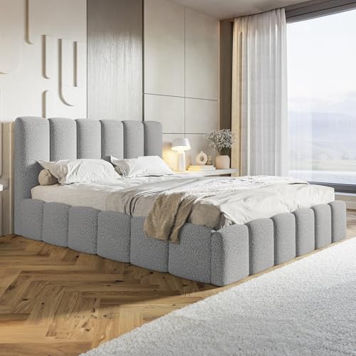 MOTIVENA Nunu Bubble Polsterbett 200x200 mit Bettkasten, Bubble Bett 200x200 mit Matratze und Lattenrost, Bett Kopfteil Boucle, Matratze H3, Bett Boucle, Polsterbett 200x200 Grau Hellgrau von MOTIVENA