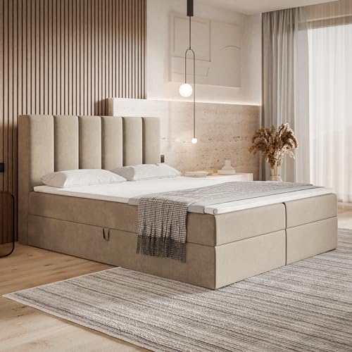 MOTIVENA Santiago Boxspringbett 120x200 mit Bettkasten und Topper, Polsterbett 120x200 mit Bettkasten, Taschenfederkern-Matratze (H3), Visco Memory-Foam Topper (H2), Samt, Beige von MOTIVENA