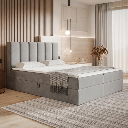 MOTIVENA Santiago Boxspringbett 180x200 mit Bettkasten und Topper, Polsterbett 180x200 mit Bettkasten, Taschenfederkern-Matratze (H3), Visco Memory-Foam Topper (H2), Samt, Grau (Hellgrau) von MOTIVENA