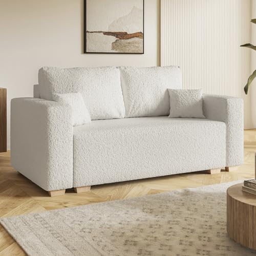 MOTIVENA Viego 2 Sitzer Sofa mit Schlaffunktion, Schlafsofa 160 cm Breit, Sofa 2 Sitzer, 2er Sofa, Sofa Klein, Keine Couch, Schlafsofa 2 Sitzer, Bonellfederkern (H4), Boucle Sofa Milch (Weiß) von MOTIVENA
