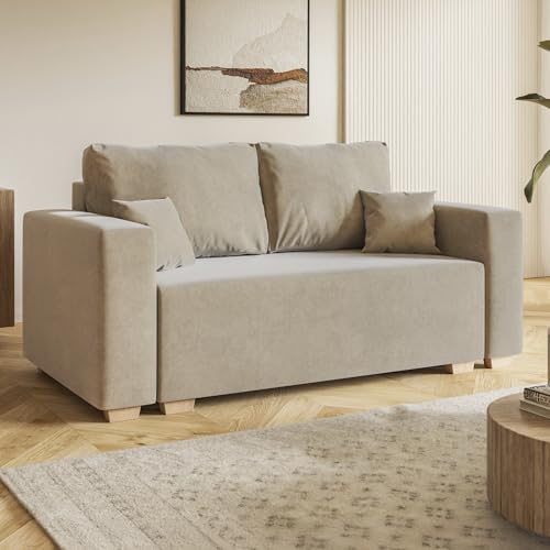 MOTIVENA Viego 2 Sitzer Sofa mit Schlaffunktion, Schlafsofa 160 cm Breit, Sofa 2 Sitzer, 2er Sofa, Sofa Klein, Keine Couch, Schlafsofa 2 Sitzer, Bonellfederkern (H4), Samt Sofa Beige von MOTIVENA