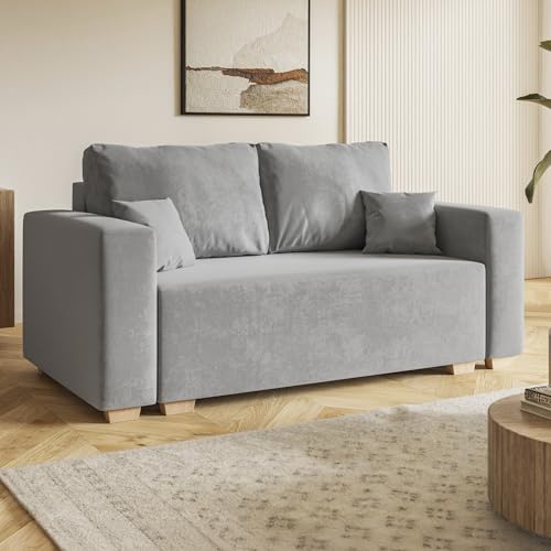 MOTIVENA Viego 2 Sitzer Sofa mit Schlaffunktion, Schlafsofa 160 cm Breit, Sofa 2 Sitzer, 2er Sofa, Sofa Klein, Keine Couch, Schlafsofa 2 Sitzer, Bonellfederkern (H4), Samt Sofa Grau (Hellgrau) von MOTIVENA