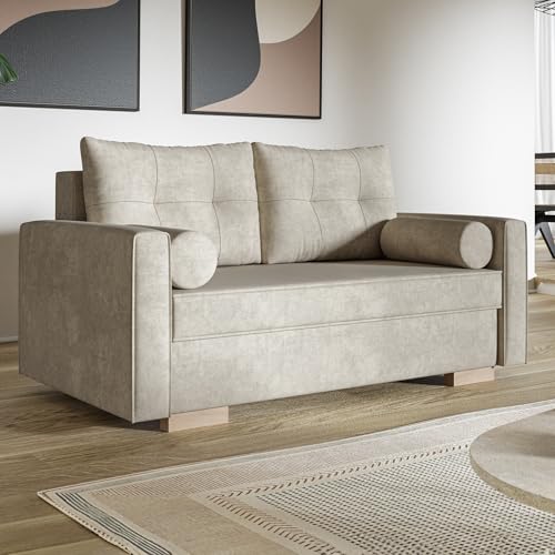 MOTIVENA Viena 2 Sitzer Sofa mit Schlaffunktion, Schlafsofa 160 cm Breit, Sofa 2 Sitzer, 2er Sofa, Sofa Klein, Keine Couch, Schlafsofa 2 Sitzer, Bonellfederkern (H4), Samt Sofa Beige (Creme) von MOTIVENA