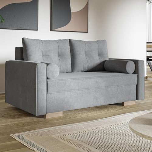 MOTIVENA Viena 2 Sitzer Sofa mit Schlaffunktion, Schlafsofa 160 cm Breit, Sofa 2 Sitzer, 2er Sofa, Sofa Klein, Keine Couch, Schlafsofa 2 Sitzer, Taschenfederkern (H3), Samt Sofa Grau (Hellgrau) von MOTIVENA