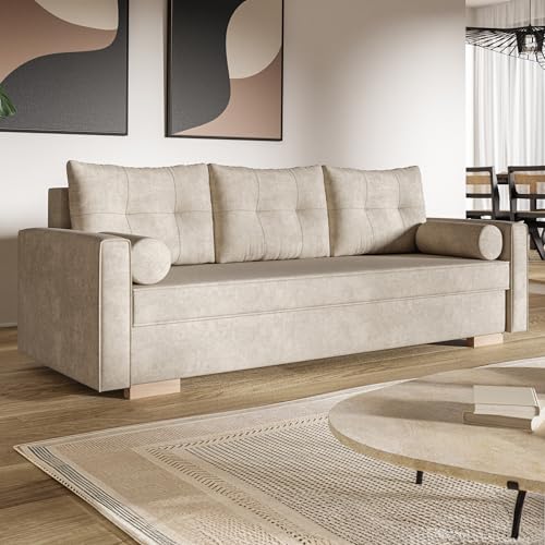 MOTIVENA Viena Sofagarnituren, 3 Sitzer Sofa mit Bettfunktion, Schlafsofa 215 cm Breit, Klappsofa mit Schlaffunktion, Bettsofa mit Schlaffunktion, Bonellfederkern (H4), Samt Sofa Beige (Creme) von MOTIVENA