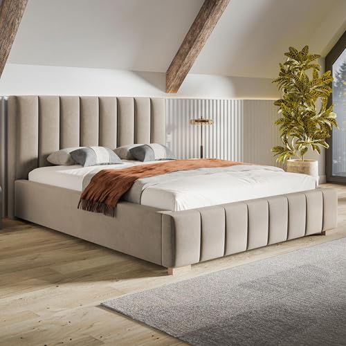 MOTIVENA Vigo Bett 200x200, Polsterbett 200x200, mit Bettkasten, mit Stauraum, mit Lattenrost, mit Kopfteil, ohne Matratze, Samt, Beige von MOTIVENA