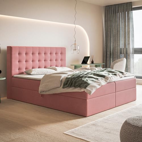 MOTIVENA Vito Boxspringbett 140x200 mit Bettkasten und Topper, Polsterbett 140x200 mit Bettkasten, Bonellfederkern-Matratze (H4), T28 Komfortschaumstoff Topper (H3), Samt, Rosa (Pink) von MOTIVENA