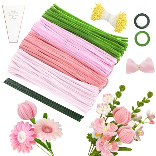 MOTONG 400 Stück Pfeifenreiniger zum Basteln-4 Farben Pfeifenputzer Rosa zum Chenilledraht, 360 Stück Staubgefäße 20 Stück Blumendraht zum Basteln mit Geschenkband Pfeifenputzer Blumen Set von MOTONG