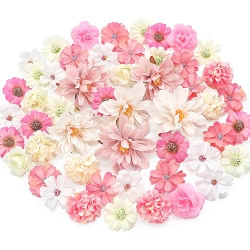 MOTONG 50 Stück Stück Kunstblumen zum Basteln Rosa Künstlich Blütenköpfe, Weiß Künstliche Blumen Seidenblumen for Home Decor Brautstrauß Blumen Deko Kunstblumen Hochzeitsdeko Tisch Party Valentinstag von MOTONG