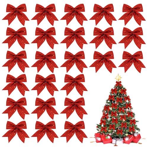 MOTONG Weihnachtsbaum Deko Schleifen Weihnachten Glitzer Weihnachtsbaum Schleifen Weihnachtsbaumschmuck für Familienfeiern Party Dekoration (Rot) von MOTONG
