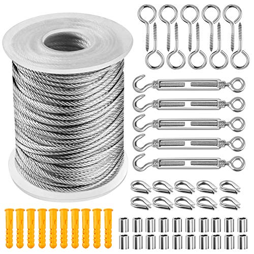 Drahtseil, 56Pcs Drahtseil Set,Drahtseil Edelstahl PVC-ummantelt Edelstahlseil Stahlkabel 2 mm, 304 Edelstahl Seil Garten Drahtseile 30M/100FT mit M5 Seilspanner Spannschloss Spanner Kit von MOTTDAM