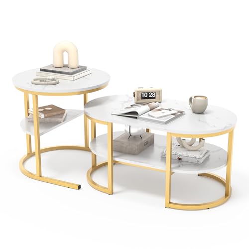Couchtisch 2er Set,Beistelltisch Marmor Optik mit Metallrahmen & Ablage, Moderne Sofatisch Couchtisch für Wohnzimmer, Schlafzimmer (Gold + Oval) von MOTUZP