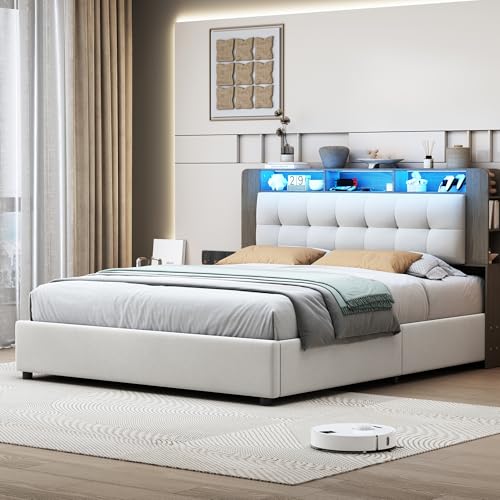 Gepolstertes Bett, 140 x 200 cm, Doppelbett, Bettgestell mit LED-Beleuchtung und USB-Aufladung, Funktionsbett mit Stauraum, ohne Matratze, Samt (Beige-F) von MOTUZP