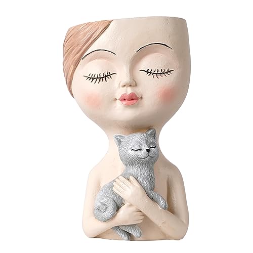 Gesicht Blumentopf Kopf Pflanzgefäße Mädchen Hält Katze oder Hund Vase Moderne Blumenkopfvase Anordnung Kunstbehälter Dekoration Niedliche Dame Umarmt Katze oder Hund Blumentöpfe für Innen-(#1) von MOTUZP