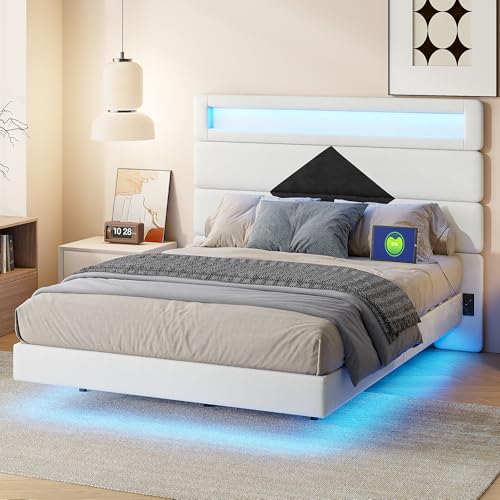 MOTUZP Bettgestell, schwimmendes Bett mit Lattenrost, gepolstertes Doppelbett mit LED-Beleuchtung und USB-Anschlüssen, Kopfteil aus Samt mit Diamantmuster, ohne Matratze (B, 140 x 190 cm) von MOTUZP