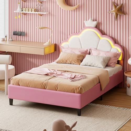 MOTUZP Doppelbett, 140 x 200 cm, gepolstertes Bett, Bettgestell mit LED und Lattenrost, höhenverstellbares Kopfteil, Prinzessinnenbett für Erwachsene und Jugendliche von MOTUZP