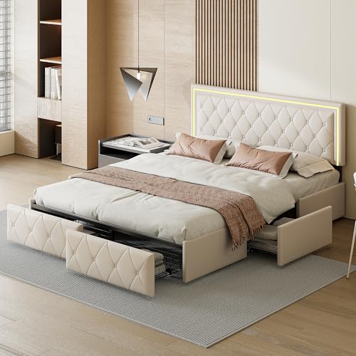 MOTUZP Doppelbett 180x200cm Polsterbett 140x200 cm mit Stauraum Boxspringbett 160x200 Bett Bettgestell LED Beleuchtung & Lattenrost Stauraumbetten,Ohne Matratze (Beige-D, 140x200cm) von MOTUZP