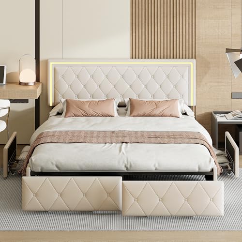 MOTUZP Doppelbett 180x200cm Polsterbett 140x200 cm mit Stauraum Boxspringbett 160x200 Bett Bettgestell LED Beleuchtung & Lattenrost Stauraumbetten,Ohne Matratze (Beige-D, 160x200cm) von MOTUZP