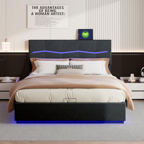 MOTUZP Doppelbett 180x200cm Polsterbett 140x200 cm mit Stauraum Boxspringbett 160x200 Bett Bettgestell LED Beleuchtung & Lattenrost Stauraumbetten,Ohne Matratze (Schwarz, 140x200cm) von MOTUZP