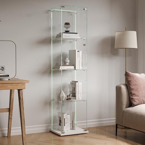 MOTUZP Glasvitrine Standvitrine, Schrank für Sammlung mit LED, mit 2 Türen 4 Regalen transparent Möbel Vitrine Glas Vitrine Für Wohnzimmer, Büro (weiß, 1 Tür + 4 Ebenen + LED) von MOTUZP