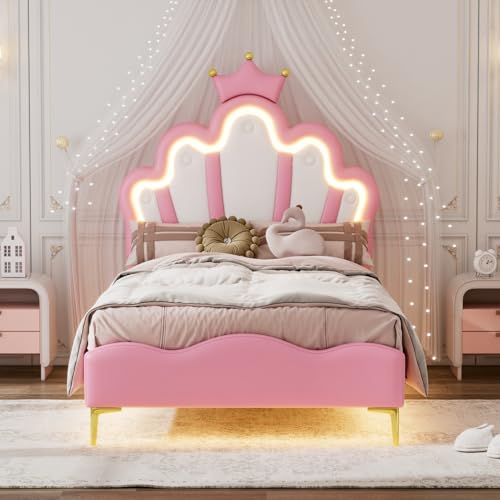 MOTUZP Kinderbett Polsterbett 90x200, Bettgestell für Mädchen,Kinderbett 90x200 cm mit LED,Kronen-Einzelbett aus PU-Leder mit Lattenrost und Rückenlehne, ohne Matratze (Rosa, 90 * 200cm) von MOTUZP