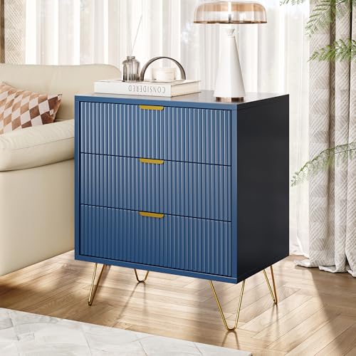 MOTUZP Nachttisch 2er-Set, kleiner moderner Nachttisch, kleine Kommode mit 3 Schubladen, Griffen und Beinen aus verchromtem Gold, für Schlafzimmer, Wohnzimmer, 60 x 40 x 70 cm (2 Stück, Blau) von MOTUZP