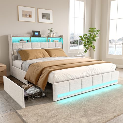 MOTUZP Polsterbett 140x190cm, Doppelbettrahmen mit LED-Beleuchtung und USB-Ladefunktion, Stauraumbett, Lattenrost aus Holz ohne Matratze, Beige Leinen MOTUZP Polsterbett 140x190cm, Doppelbettrahmen mit LED-Beleuchtung und USB-Ladefunktion, Stauraumbett, Lattenrost aus Holz ohne Matratze, Beige Leinen von MOTUZP