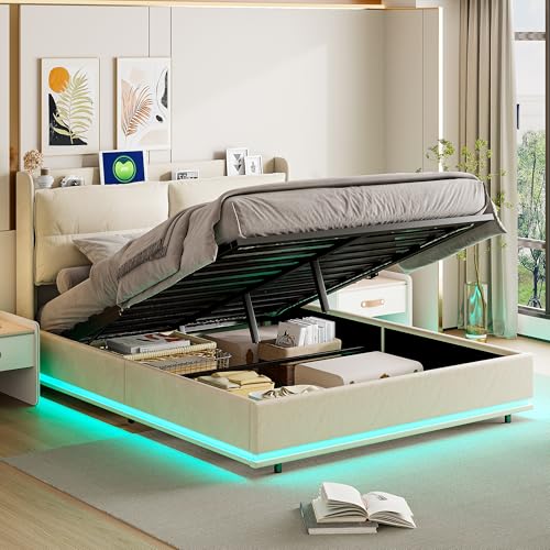 MOTUZP Polsterbett 140x200 cm, LED Doppelbett mit Stauraum und Lattenrost, Bett 140x200, Funktionsbett Jugendbett Rückenlehne Bettgestell (Cremeweiß + Ladevorgang + LED, 140 * 200cm) von MOTUZP