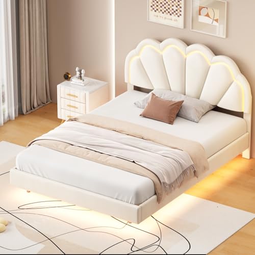 MOTUZP Polsterbett 140x200 cm, LED Doppelbett mitLattenrost, Jugendbett,Flaches Bett mit weicher Rückenlehne,Funktionsbetten Rückenlehne Bettgestell (Suspendieren + Beige + Samt, 140 * 200cm) von MOTUZP