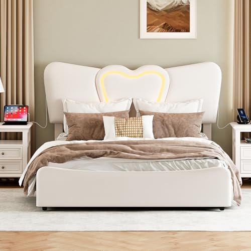 MOTUZP Polsterbett 160 x 200 cm Doppelbett mit Kopfteil in Herzform, Polsterbett mit Stauraum, Lattenrost aus Holz und Metall, Samt, Beige MOTUZP Polsterbett 160 x 200 cm Doppelbett mit Kopfteil in Herzform, Polsterbett mit Stauraum, Lattenrost aus Holz und Metall, Samt, Beige von MOTUZP