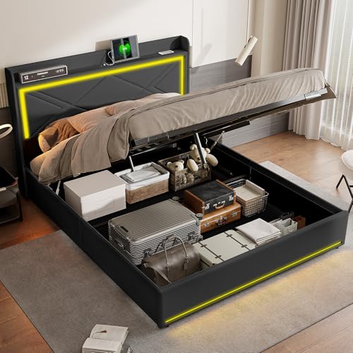 MOTUZP Polsterbett 160x200 cm, LED Doppelbett mitLattenrost, Jugendbett,Flaches Bett mit weicher Rückenlehne,Funktionsbetten Rückenlehne Bettgestell (PU + Schwarz + LED, 160 * 200cm) von MOTUZP